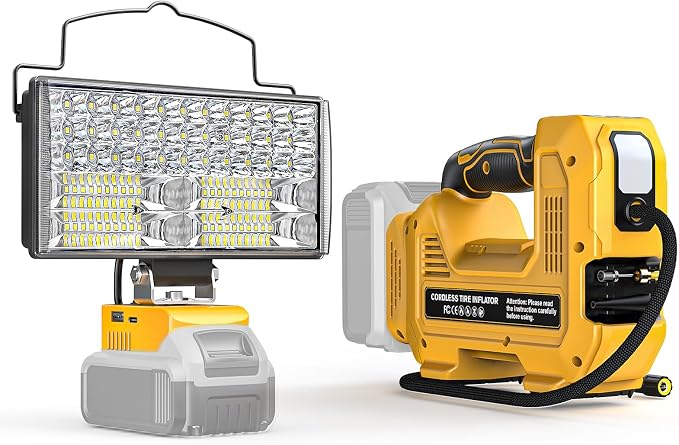 Cordless Tire Inflator Air Compressor & 100W LED Work Light Bundle for Dewalt 20V, 10000LM Flashlight Portable LED Flood Light, Battery Not Included