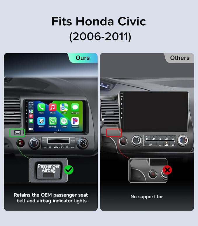 9" Car Stereo Radio for Honda Civic 2006 2007 2008 2009 2010 2011 - Wireless CarPlay Android Auto | 5G WiFi GPS Navigation | IPS HD Touchscreen | Bluetooth/FM/SWC | 1080P Backup Camera