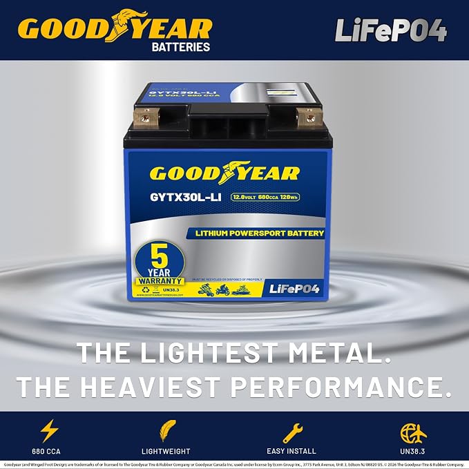 Goodyear GYTX30L-LI Lithium LiFePO4 12.8V 680CCA Rechargeable High Performance Powersport Battery with Smart BMS Replacement for Motorcycle, ATV, UTV, Scooter, Watercraft, Jet Ski, and Snowmobile