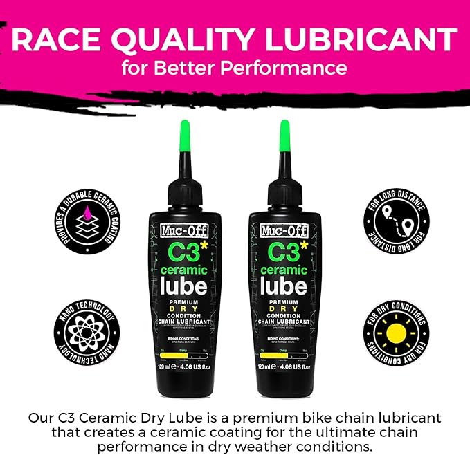 Muc-Off C3 Dry Weather Ceramic Lube 120ml (Pack of 2) with Microfiber Cloth | Premium Chain Lubricant for Dry, Dusty & Damp Conditions | Ceramic Protection with UV Dye