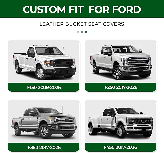 2 Front Custom Waterproof Faux Leather Truck Seat Covers for Ford F150 2009-2026,F250 F350 F450 2017-2026 with Seat Belt Shoulder Pads and Steering Wheel Cover,Black