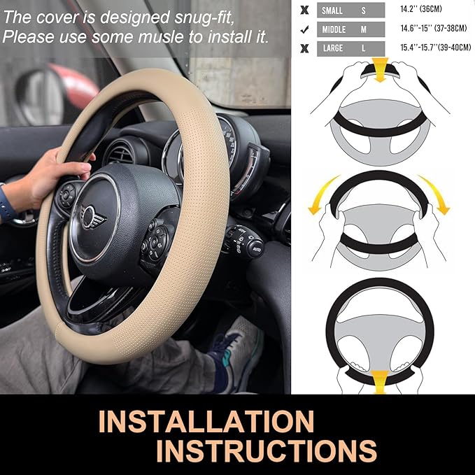 PINCTROT Nappa Leather Steering Wheel Cover, Slim Fit No Bulk Design, One Piece Leather with Breathable Perforation, Fit Like Gloves, Universal 14.5-15 Inch(Nappa Light Taupe)