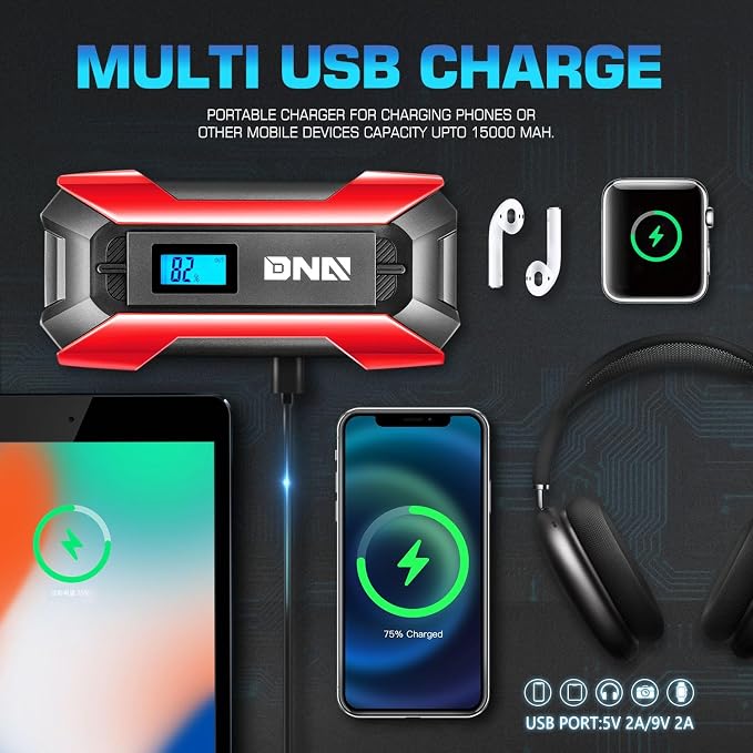 ‎DNA Motoring TOOLS-00214 12V 1500A 15000 mAh Multi-Function Portable Car Battery Jump Starter for Up to 7.0L Gas & 5.5L Diesel Engine, with Carry Case, Red