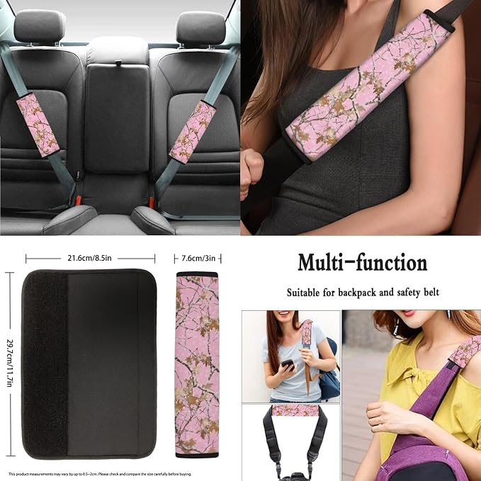 Pink Camo Maple Leaf Car Seat Covers Full Set 8 Pcs Car Accessories for Women Front Seat Cover Steering Wheel Armrest Cover Seat Belt Cover for Auto SUV Interior Decoration