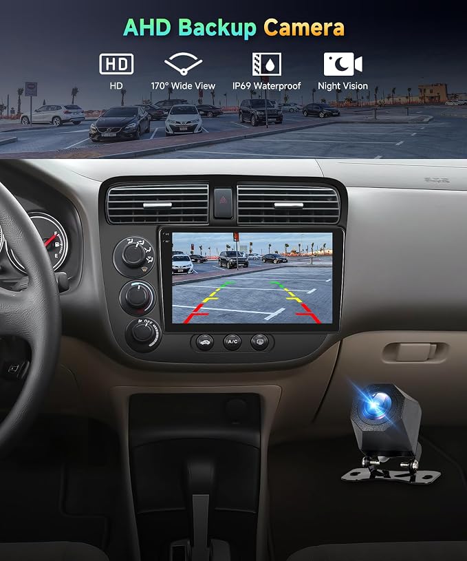 4G+128G Car Radio for Honda Civic 2001-2005 Stereo 9 inch in-Cell Screen Full Touchscreen Wireless CarPlay/Android Auto Android 15 Bluetooth DSP FM/RDS GPS WiFi SWC AHD Backup Camera