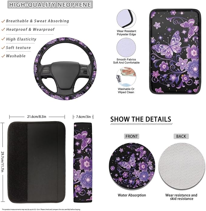 Lotusorchid Butterfly Floral Print Car Accessories Full Set, Washable Car Front Back Seat Covers and Gear Shift Knob Cover, Anti-Dust Steering Wheel Cover and Auto Seat Covers