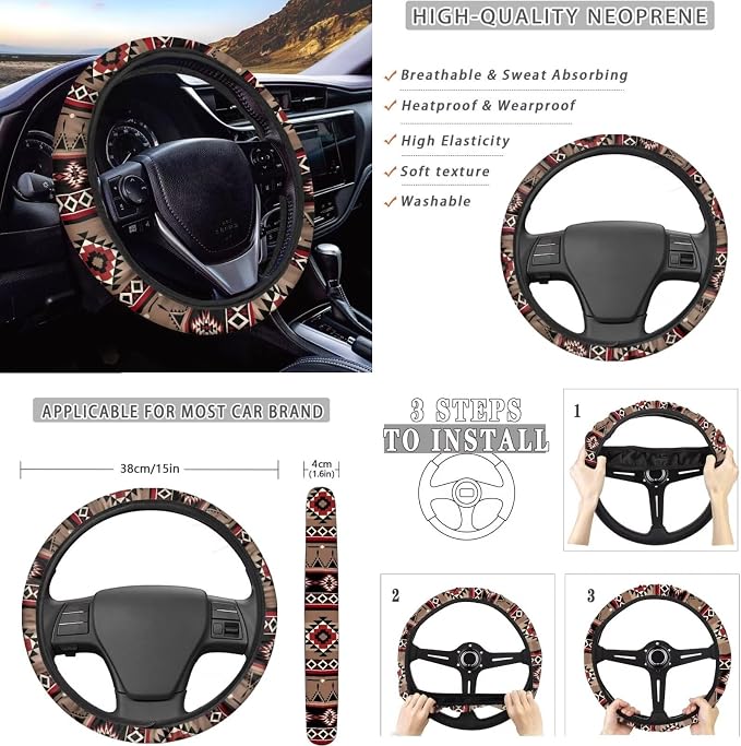 Dreaweet Native American Car Seat Covers Full Set Southwestern Aztec Navajo Seat Covers with Steering Wheel Cover/Armrest Cover/Seatbelt Covers/Car Coasters/Gear Shift Cover/Handbrake Cover