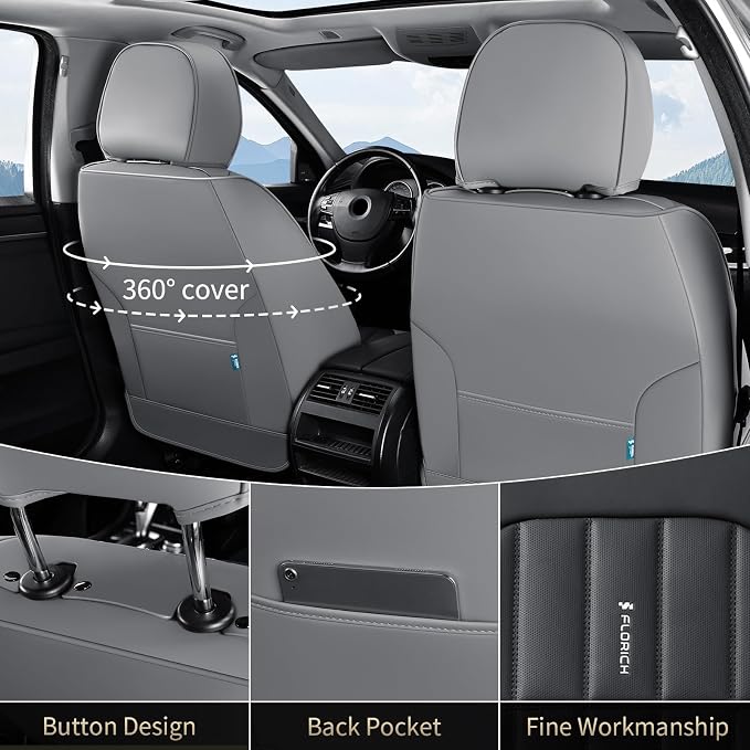 FLORICH Seat Cover, Leather Car Seat Covers Full Set, Waterproof Car Seat Protectors 5 Seats, Front and Rear Seat Covers for Cars, Automotive Seat Protector Fit for Most Sedans SUV Truck - GrayBlack