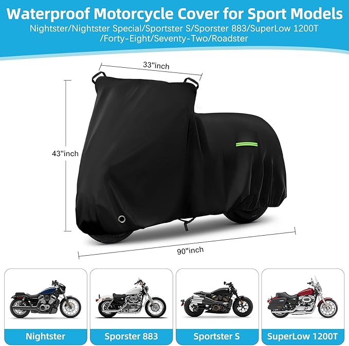 Motorcycle Cover Waterproof for Nightster/Nightster Special/Sportster S/Sporster 883/SuperLow, Heavy Duty Sun UV Rain Dust All Weather Protection Motorbike Cover with Soft Cotton Lining & Lock Hole
