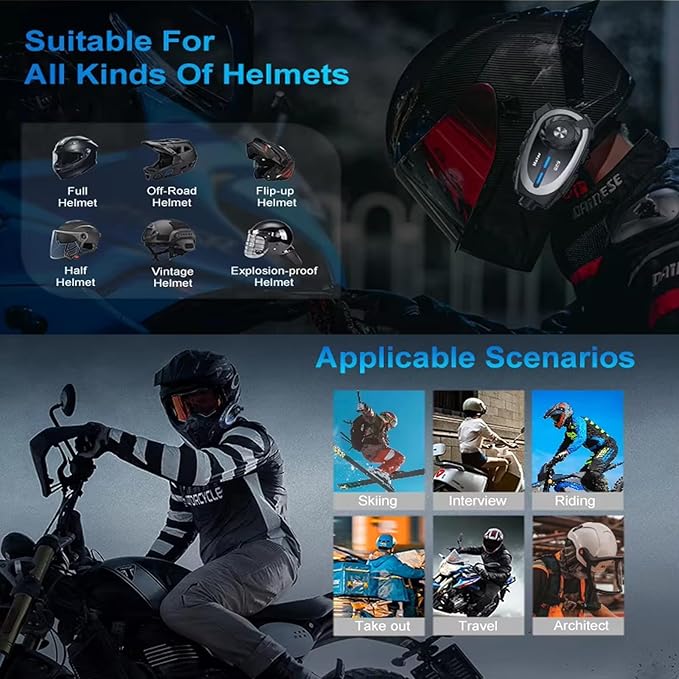 2 Way Intercom Helmet Headset with Camera - IP67 Wireless Motorcycle Voice Talk Headset 1080P Helmet Dash Cam Communication Walkie-Talkie, 1600FT Intercom, 1500mAh Battery, Music Sharing