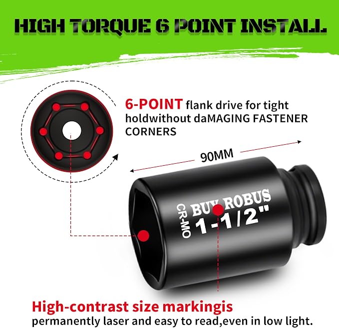 3/4 inch Drive Impact Socket Set, 14 Piece Heavy Duty CR-MO Deep and Jumbo Sockets 6 Point Design, SAE 3/4" to 1-9/16", for Large Vehicle and Apparatus Maintenance