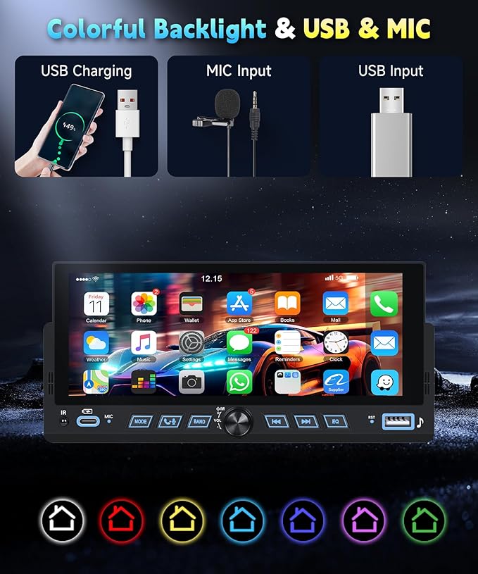 Single Din Car Stereo Wirelsss Carplay Android Auto, 1 Din Head Unit Bluetooth Backup Camera, 6.86" HD Touchscreen Radio, FM EQ USB-Type-C, Mirror Link SWC, Voice Control, Car Stereo Receivers