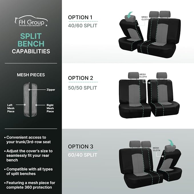 FH Group Car Seat Cover Airbag Compatible Full Set Black Premium PU Leather - Split Bench Combo Vinyl Floor Mats Seat Covers Interior Accessories Universal Fit for Cars Trucks SUV