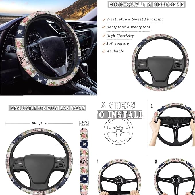 250 Years of Freedom Car Seat Covers Patchwork Rose Print Patriotic Auto Decor with Non-Slip Steering Wheel Cover and Seatbelt Pad Cover, 11 Piece, for 250th Anniversary