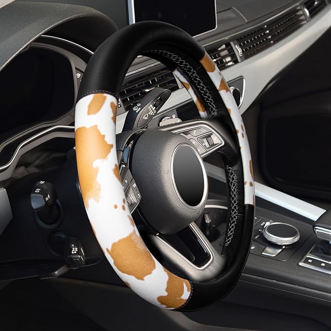 Cow Print Car Steering Wheel Covers, Breathable Microfiber Leather for Women and Men, Universal 15 inch Anti-Slip Steering Wheel Protector, Black Yellow