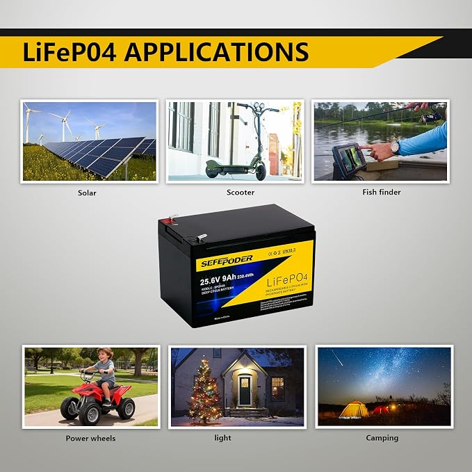 SEFEPODER 24V 9Ah Lithium LiFePO4 Deep Cycle Battery, 3000+ Cycles Rechargeable Battery for Lighting, Scooter, 24 Volt Ride On Toy, UPS(600W or Less), 24V Power Wheels and More with Built-in 30A BMS