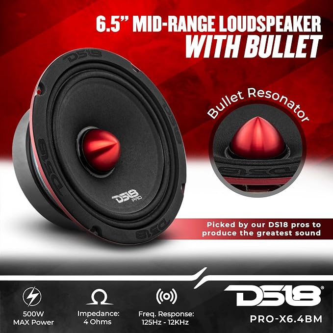 DS18 Mid and High Car Speaker Package - 2X 6.5" Midrange, 2X 1" Tweeters, Built-in Crossover