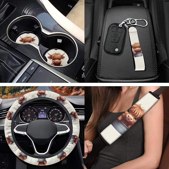 Cute Highland Cow 11 Pack Car Seat Covers Full Set Front Seat Cover Car Steering Wheel Cover Auto Seat Belt Cover Gear Lever Cover Cars Rear View Mirror Cover for Cars SUV