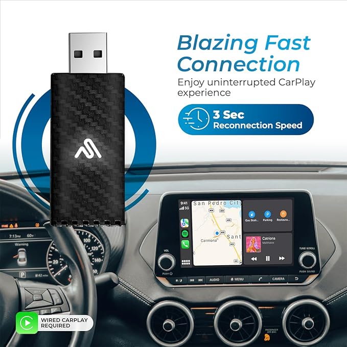 AutoSky Wireless CarPlay Adapter 2025 Pro Edition - Fastest and Most Compact Wireless CarPlay Adapter Factory Wired CarPlay Cars – USB-A and USB-C Cables – Wired CarPlay Required - OTA Updates.