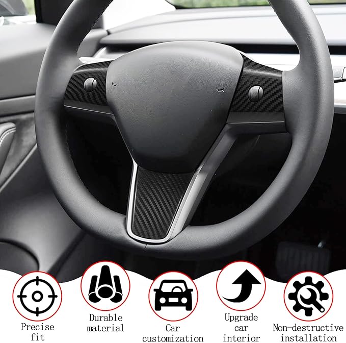Compatible with Tesla Model 3/Y 2017 2018 2019 2020 2021 2022 2023 Real Carbon Fiber Steering Wheel Button Cover Interior Decoration Trim Accessories
