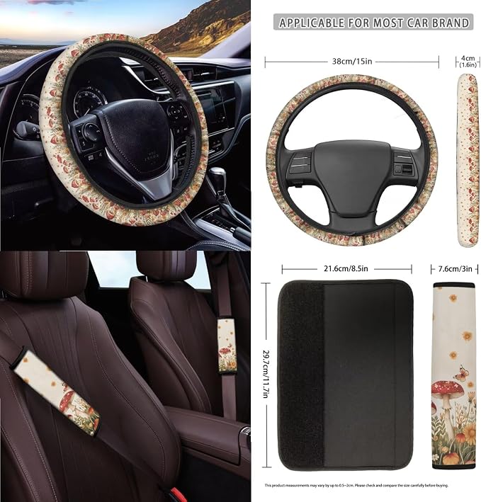 Cottagecore Mushroom Butterfly Daisy Car Seat Covers 15Pcs Full Set Car Steering Wheel Cover Seat Belt Cover Trash Bin Air Vent Storage Box Rear View Mirror Car Cup Holder Keychain