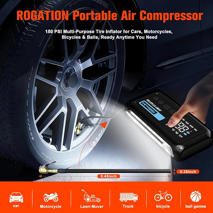 Jump Starter with 150PSI Air Compressor, 2500A Peak 12V Booster, 12000mAh Portable Car Battery Jump Starter, Up to 10L Gas/8L Diesel Engines, 33W Bidirectional Fast Charging Power Bank-Black