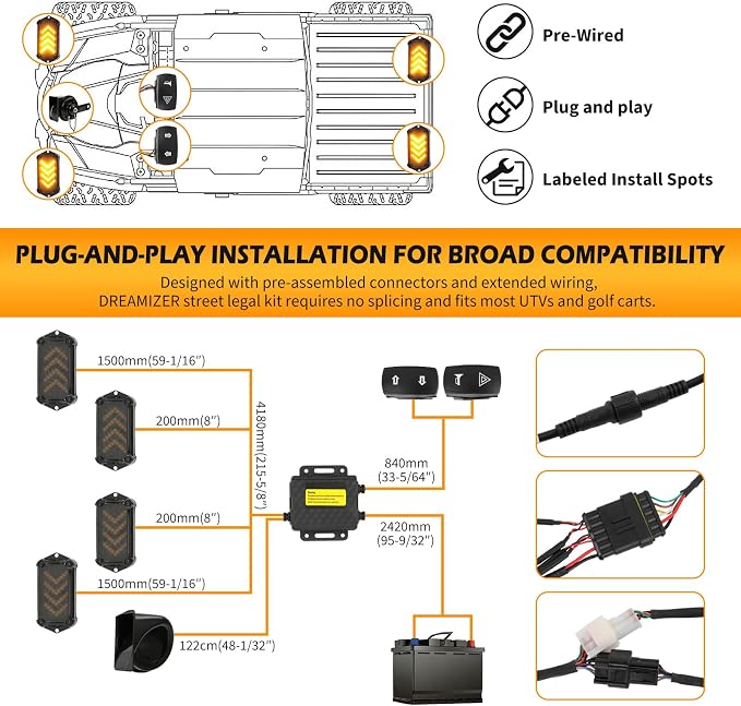 DREAMIZER UTV Turn Signal Kit with Horn,Pre-Wired, Plug and Play ATV SXS Blinker with Rocker Switch, Hazard Light, Universal Street Legal Turn Signals Compatible with Polaris Can-Am and more