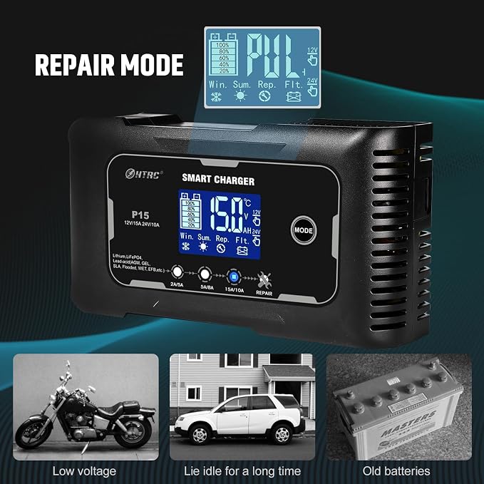 Battery Charger, Smart 0-15A 12V/24V Trickle Charger, Portable Car Battery Charger with 9 Stages of Charging for LiFePO4, Lead Acid, and Lithium Batteries, with Battery Repair Function