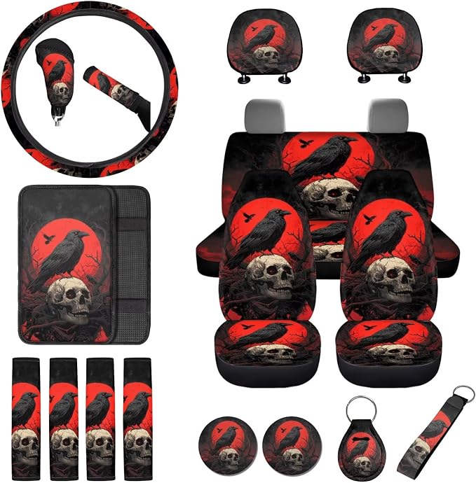 Crow Skull Print Car Seat Covers Front and Back Full Set with Headrest Covers Steering Wheel Cover Safety Belt Pads Armrest Cushion Cup Coasters for SUV Truck Sedan, Easy to Install