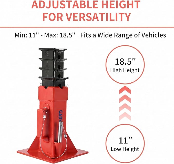 Garvee Heavy-Duty 12 Ton Jack Stands, 2 Pack Pin Type Supports with Quick-Lock for Trucks, RVs & Trailers, 11-18.5 Inch Adjustable Height, Professional Automotive Garage Equipment, Red