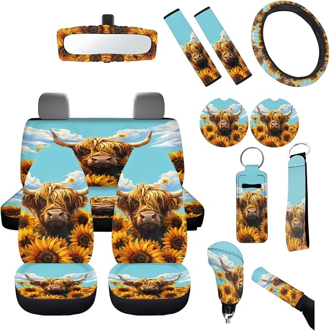 14Pack Highland Cow Sunflower Car Accessories for Women,Highland Cow Car Seat Covers Auto Steering Wheel Cover Seatbelt Pads Handbreak Cover Vehicle Coasters Keychain Mirror Cover