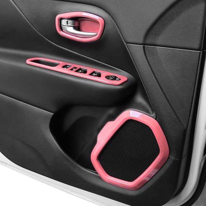 CheroCar 31 PCS Full Set Interior Decoration Trim Kit Steering Button Cover Door Handle Cover Air Outlet Cover Cup Holder Gear Cover Trim Door Speaker Cover for Jeep Renegade 2016-2018,Pink…