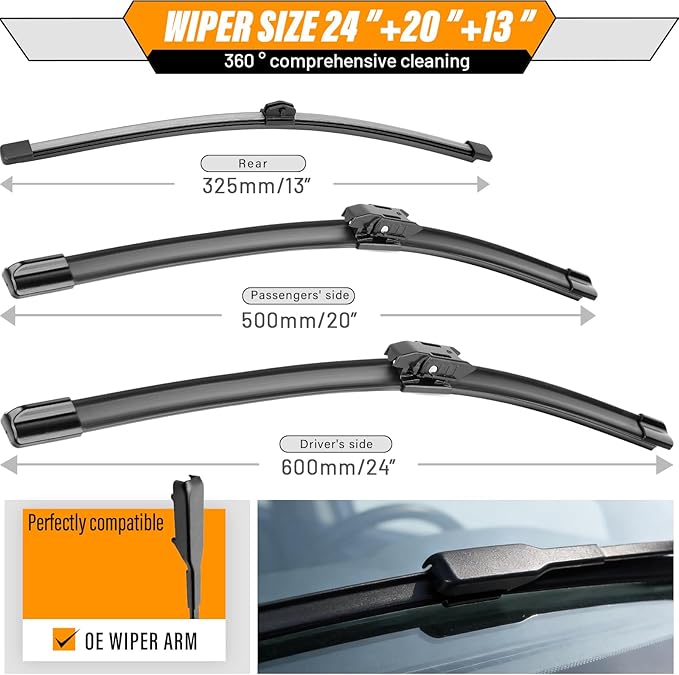 AUTOBOO 24"+20" Windshield Wipers With 13" Rear Wiper Blade Replacement for BMW X2 2018-2022-Original Factory Quality (Pack of 3)
