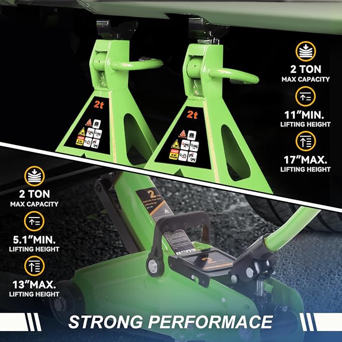 PM PERFORMOTOR Low Profile Hydraulic Trolley Service/Floor Jack Combo with 2 Ratchet Jack Stands, 2 Ton (4000 lbs) Capacity, Green,PM-TOL-FJ3P-GR