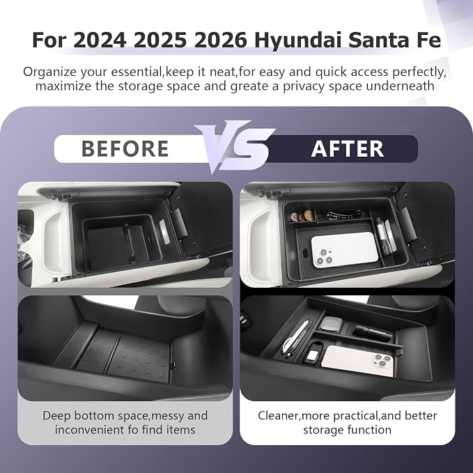 LUWU 2025 2026 Santa Fe Accessories for 2024 2025 2026 Hyundai Santa Fe SE/SEL/XRT/Limited/Calligraphy Accessories Lower Center Console Organizer, Armrest Console Tray Storage Box Black 2-Pack