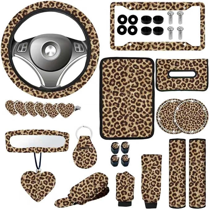 24 Pcs Leopard Print Car Accessories,Including License Plate Frame,Rearview Mirror Decoration,Etc,Suitable for Sedan,SUV and Other,Cute Car Interior Set for Women (Brown)