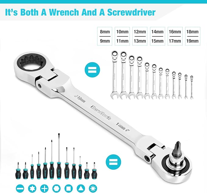 DURATECH 12-in-1 Flex-Head Ratcheting Wrench Set & 24-in-1 Screwdriver Set 3/8" Drive Swivel Socket Set