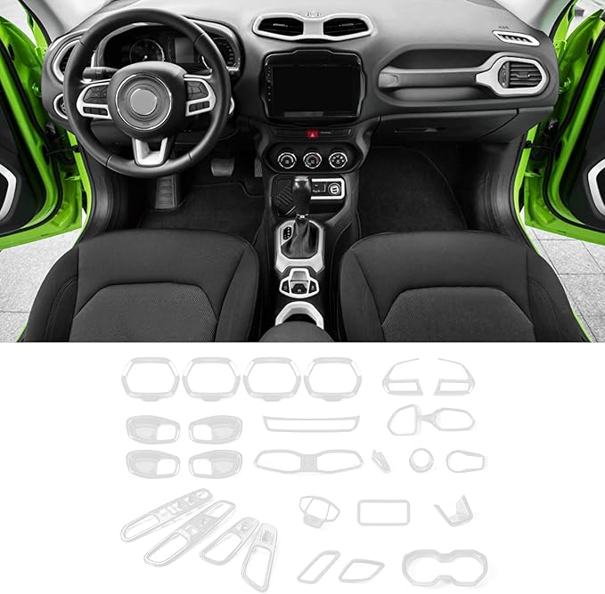 CheroCar 31 PCS Full Set Interior Decoration Trim Kit Steering Button Cover Door Handle Cover Air Outlet Cover Cup Holder Gear Cover Trim Door Speaker Cover for Jeep Renegade 2016-2018,White…