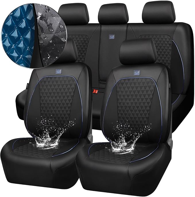 CAR PASS Leather Car Seat Covers Gel Wetsuit PU Full Set Seat Covers Waterproof EVA All Weather Neoprene Universal Fit Pickup SUV Truck Sedan Automotive, Armrest Airbag Compatible, Rhombic Blue Strip