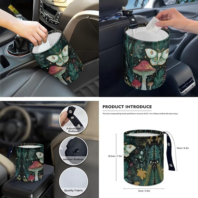 Moon Mushroom Moth Car Seat Covers Full Set for Women Cute Car Accessories Interior Car Steering Wheel Cover Seatbelt Covers Trash Bin Rear View Mirror Cover Cup Holders Keychain