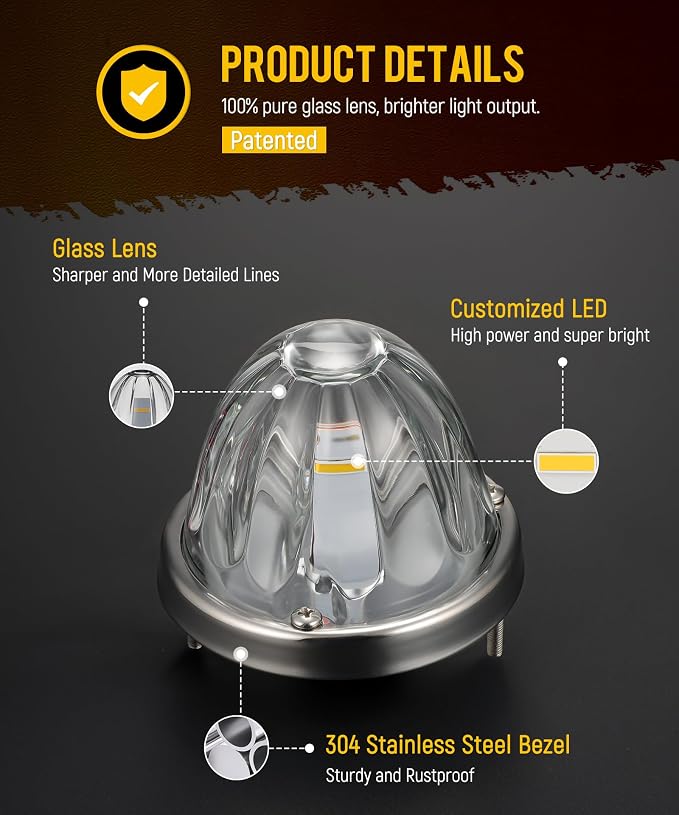 Partsam 2Pcs Glass Watermelon Lights [Patented] Clear Lens Amber LED Side Marker Turn Signal Lights with Bezel Replacement for Kenworth Peterbilt Freightliner Trucks