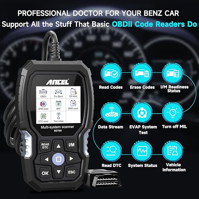 ANCEL BZ700 Mercedes Benz Sprinter/Vaneo/Vito/Viano/V/Metris/Citan/X Smart OBD2 Scanner, Full System Automotive Car Code Reader with All Reset Services, Battery Reset ABS Bleed Airbag EPB Oil SAS TPS