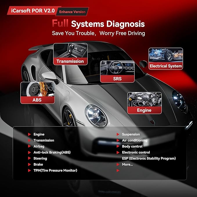 OBD2 Scanner Diagnostic Tool for Porsche/Cayenne, iCarsoft POR V2.0 Code Reader Battery Registration for Porsche, All System in-Depth Scan, with Oil Reset/SAS/EPB/BMS/ETC/DP/BLD/INJ, Battery Test