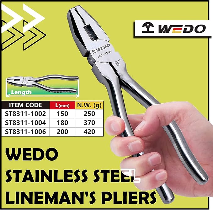 WEDO 6" Stainless Steel Lineman's Pliers,Side Cutting Pliers,Combination Pliers, Side Cutter, Wire Stripper, Crimper, Cut ACSR, Screws, Nails, Hard Wire, Corrosion Resistant