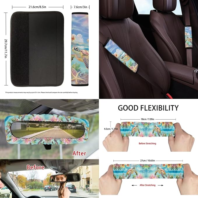Suobstales Turtle Starfish Plumeria Print Car Accessories Set of 13, 4 Car Seat Covers, 1 Steering Wheel Cover, 1 Trash Can, 2 Seat Belt Covers, 2 Coasters, 1 Rearview Mirror Cover, 2 Keychians