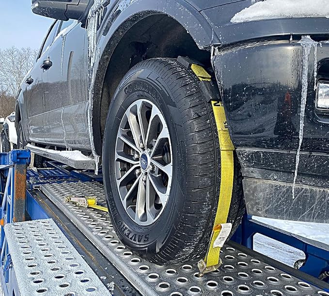 Mytee Products 8 Pack 2" x9' Over The Wheel Tire Straps with Ratchet, Swivel J Hook & Rubber Blocks - 10,000 LBS Breaking Strength Towing Tie Down Straps for Auto Car Haulers, UTV, Truck Trailer Bed
