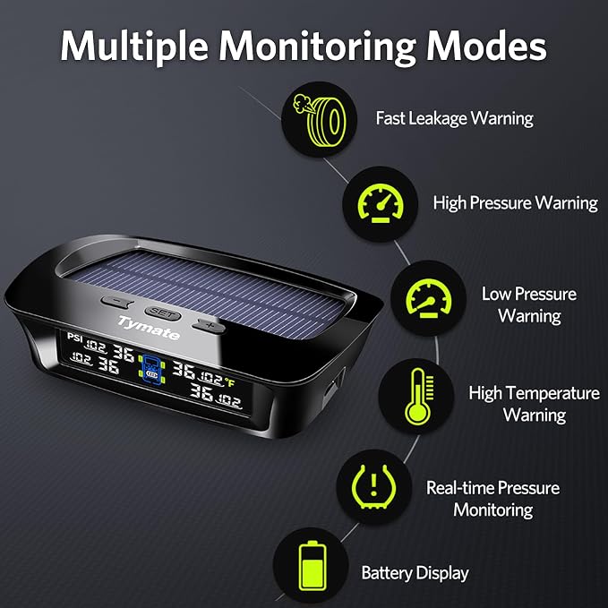 Tymate TM3 RV Tire Pressure Monitoring System, Tire Pressure Monitor with Solar Charge, TPMS with 4 Sensors(Max to 10) & 6 Alarm Modes, Updated w/Color LCD Display, 0-144PSI for RV/Trailer/Truck