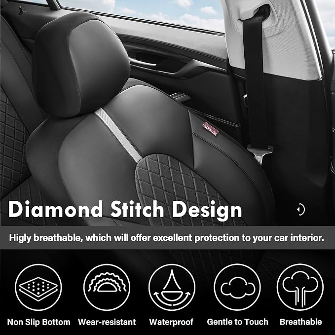 Coverado Car Seat Covers Full Set, Front Seats Back Seat Cover, Leather Seat Covers Non-Slip Seat Protectors Universal Fit for Most Cars (Black-White)