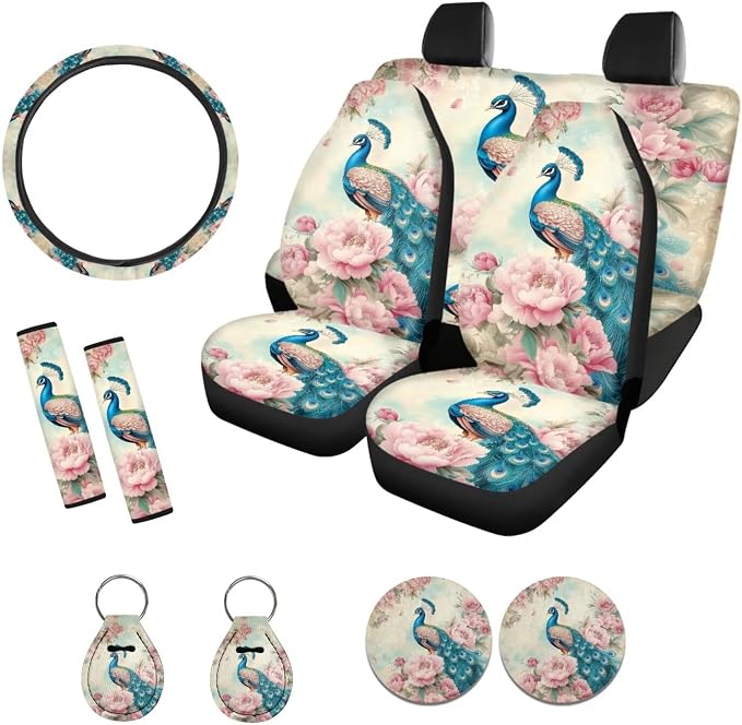 Suobstales Peacock Flower Print Car Accessories with Car Front Rear Split Seat Covers, Seat Belt Pads + Steering Wheel Cover + Coaster + Keyrings for Women Set of 11-Pcs