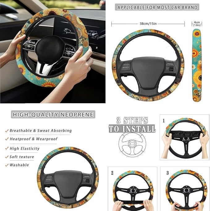 Floral 15 PCS Car Seat Cover Set with Auto Steering Wheel Cover Seat Belt Strap Protector Cup Holder Trash Bag Rear View Mirror Protector Keychain